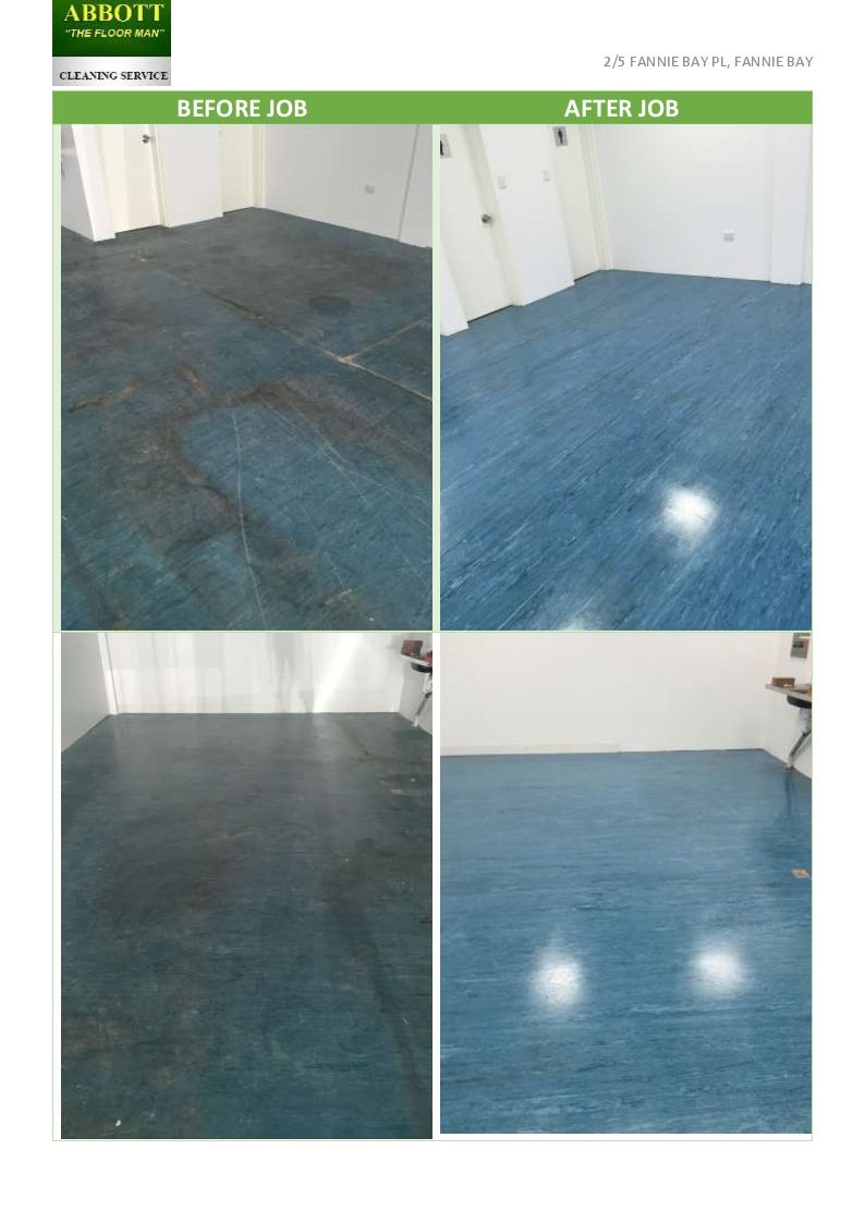 A before and after photo of a blue floor.