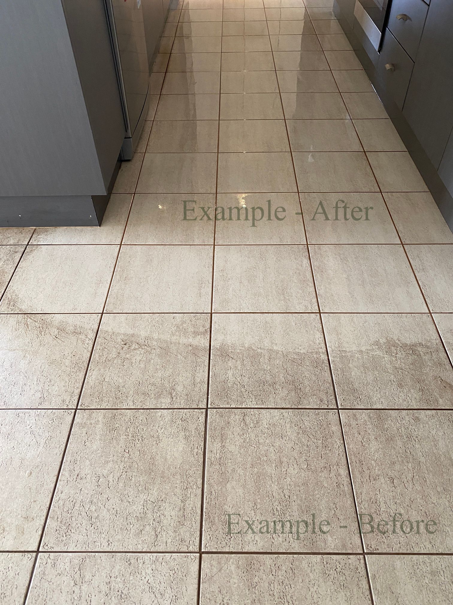 A picture of a tiled floor before and after being cleaned.