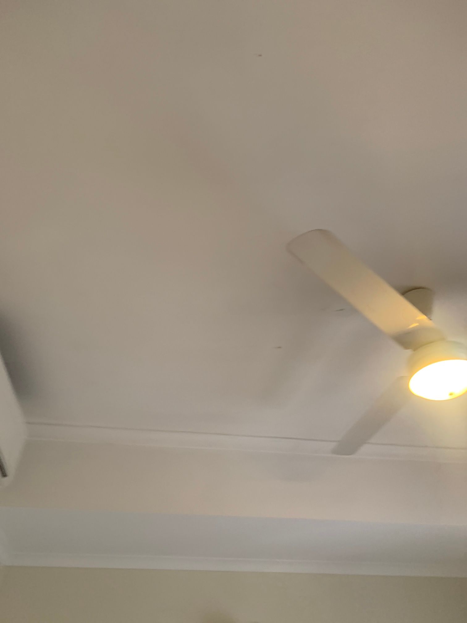 A ceiling fan is hanging from the ceiling of a room.